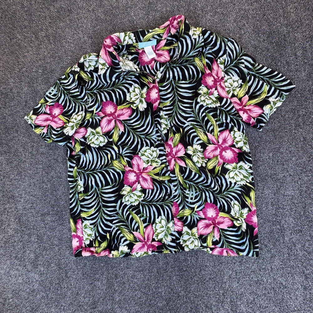 Jennifer Moore Shirt Womens Large Black Floral Rayon Short Sleeve Button Up